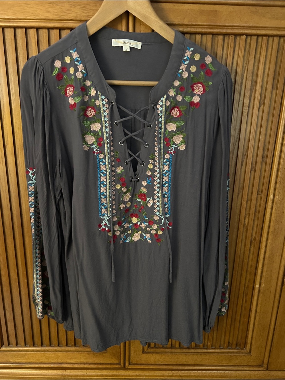 Gorgeous Embroidered Lace-Up Boho Top in Charcoal